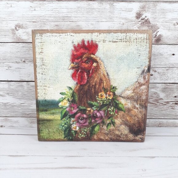 Wood Box Sign Rooster Flower Wreath Tabletop Wall Farmhouse - Picture 1 of 3